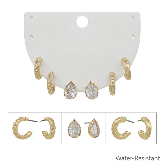 Set of 3 Gold Crystal Teardrop, and Textured Huggie Hoops
