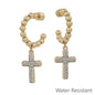 Water Resistant Gold Beaded with Rhinestone Cross 1.5" Hoop Earring