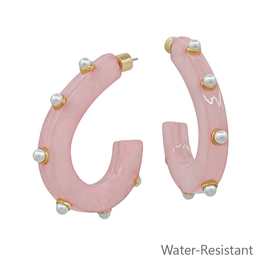 Water Resistant Pink Acrylic Teardrop with Gold Studded 2" Earring