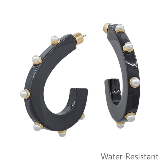 Water Resistant Black Acrylic Teardrop with Gold Studded 2" Earring