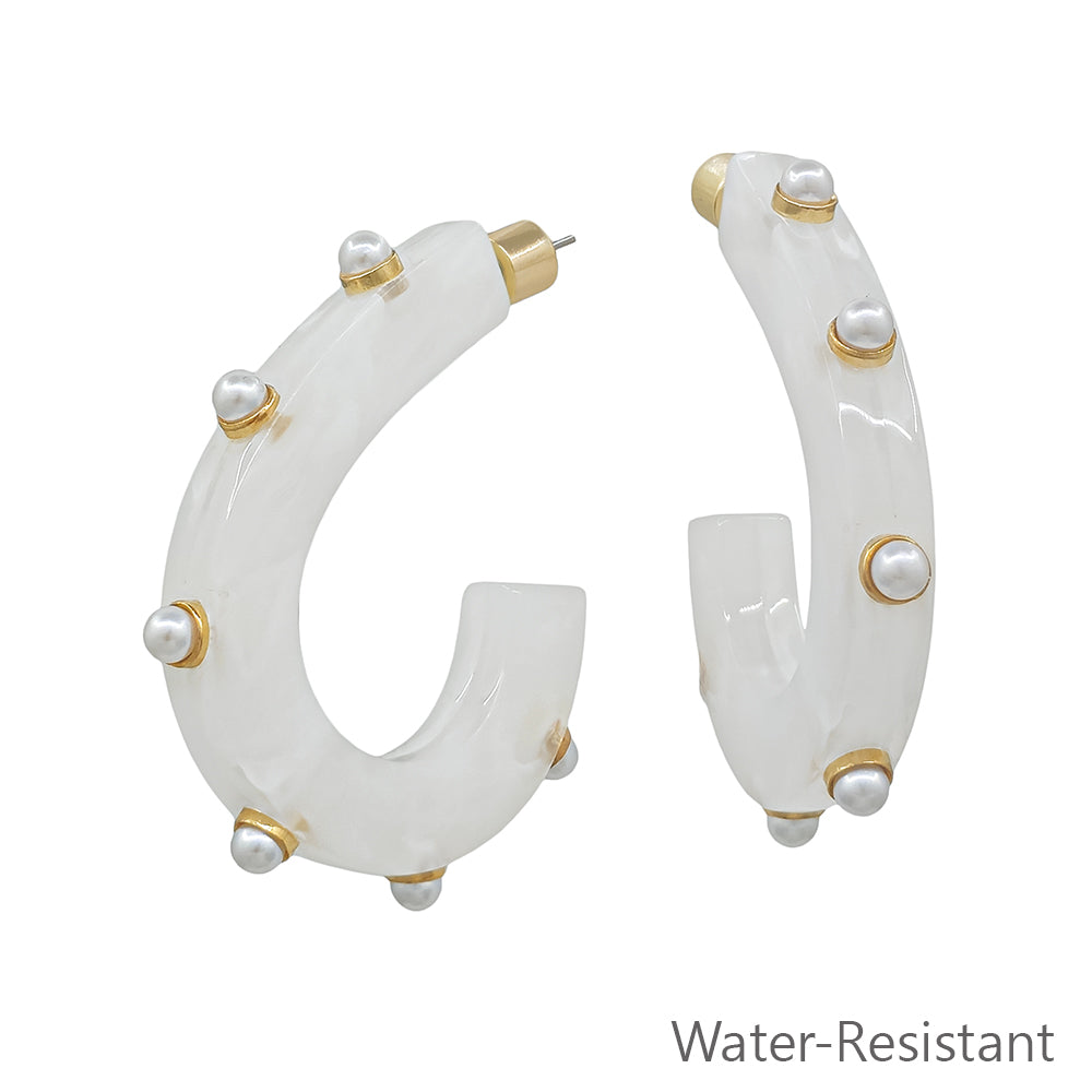 Water Resistant White Acrylic Teardrop with Gold Studded 2" Earring