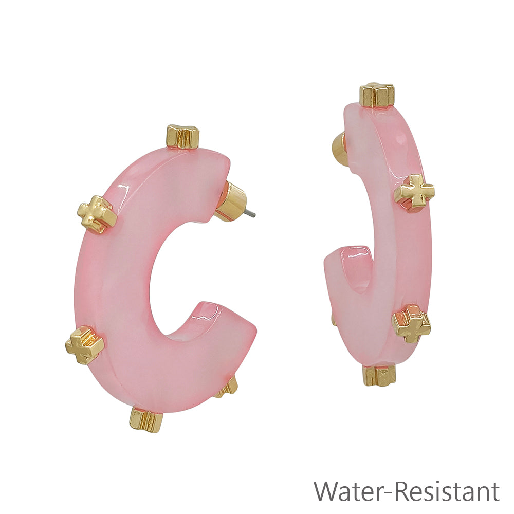 Water Resistant Pink Acrylic Hoop with Gold Studded 1.5" Earring