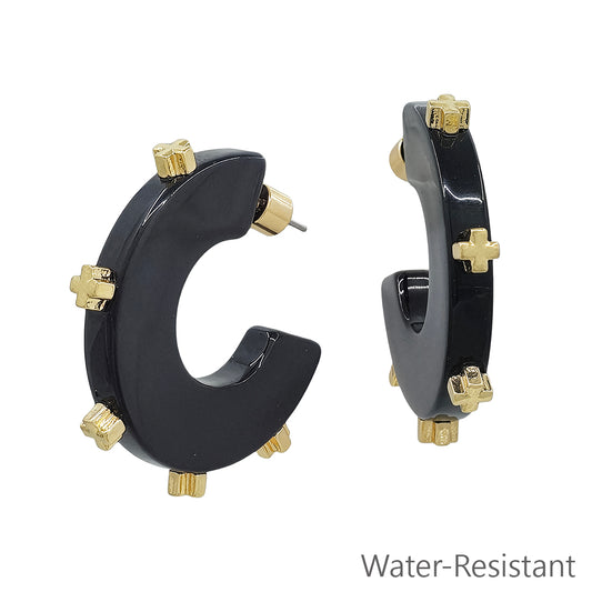 Water Resistant Black Acrylic Hoop with Gold Studded 1.5" Earring