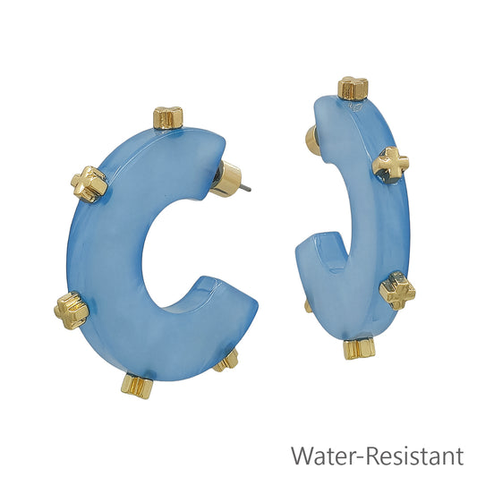 Water Resistant Blue Acrylic Hoop with Gold Studded 1.5" Earring
