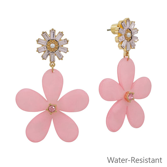 Water Resistant Pink Acrylic Flower Studded 1.5" Drop Earring