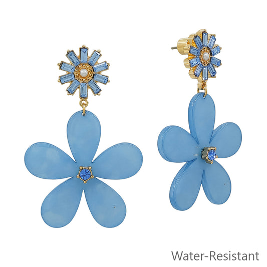 Water Resistant Blue Acrylic Flower Studded 1.5" Drop Earring