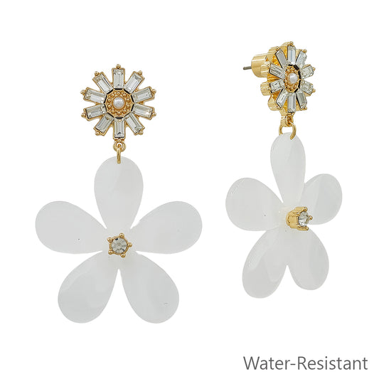 Water Resistant White Acrylic Flower Studded 1.5" Drop Earring