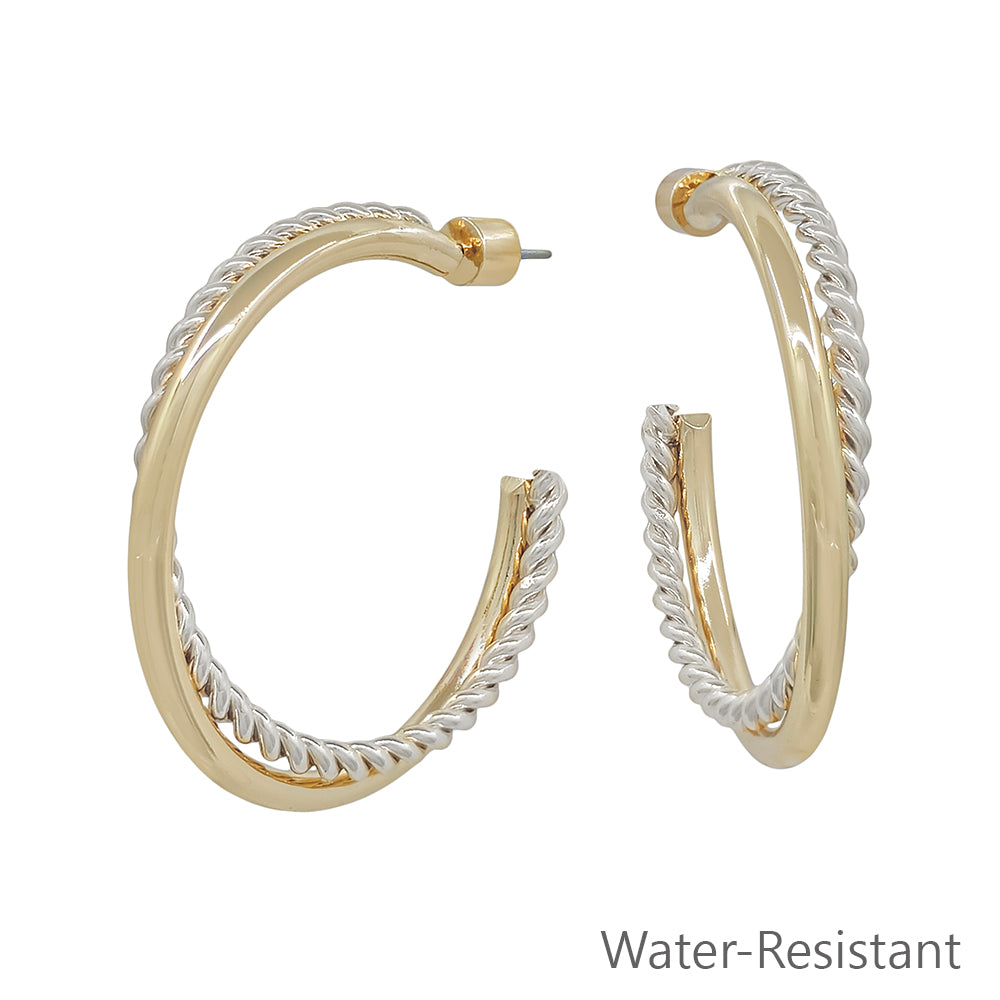 Water Resistant 1.5" Braided Silver and Gold Hoop Twist Earring