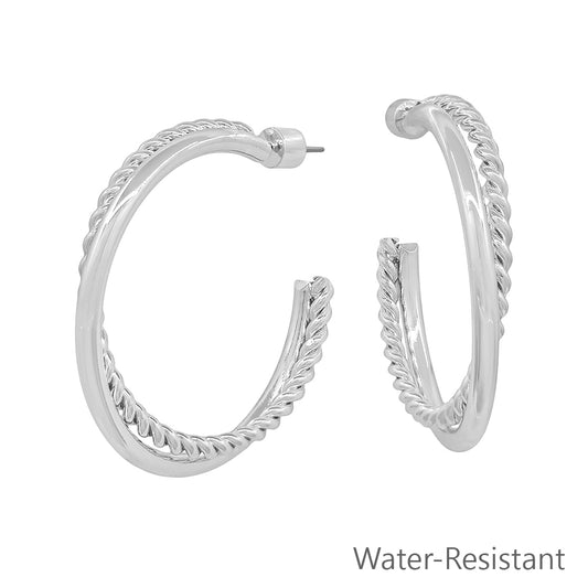 Water Resistant 1.5" Braided Silver Hoop Twist Earring