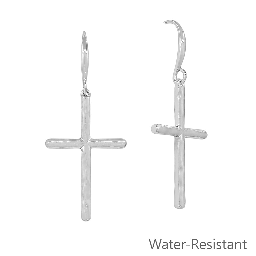 Water Resistant Hammered Silver 1.25" Cross Earring