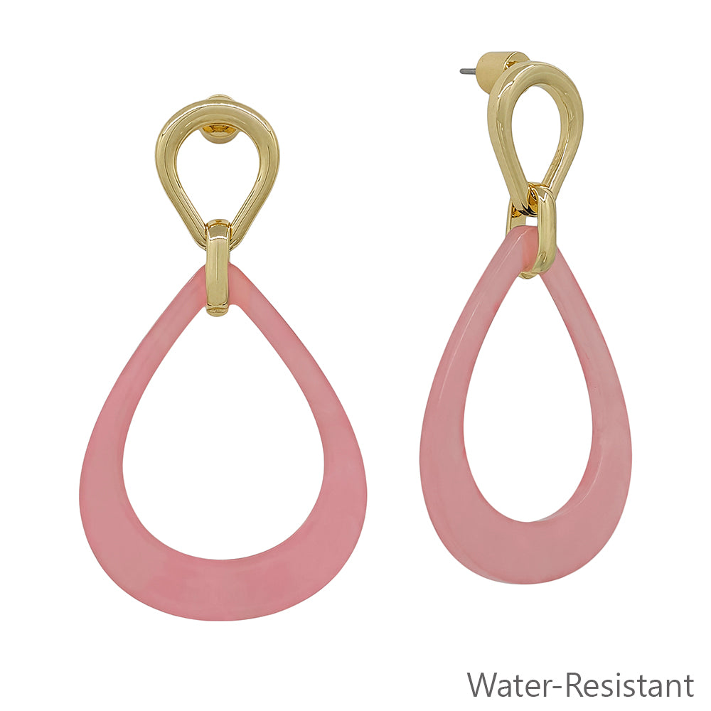 Water Resistant Gold with Pink Resin Open Teardrop 2" Earring