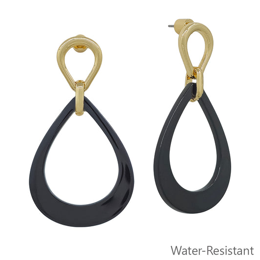 Water Resistant Gold with Black Resin Open Teardrop 2" Earring