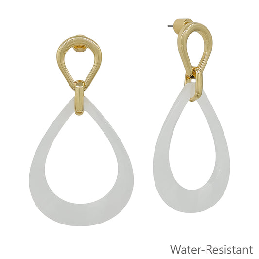 Water Resistant Gold with White Resin Open Teardrop 2" Earring