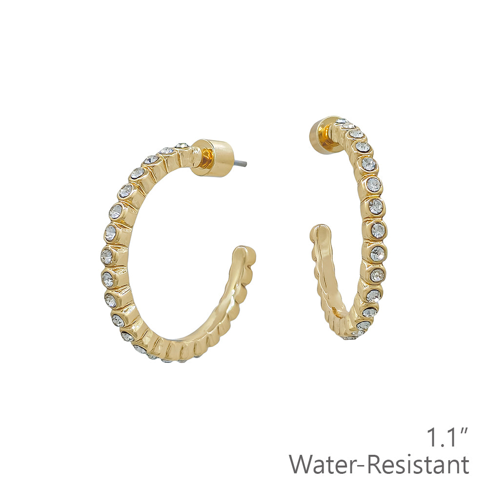Water Resistant Clear Circle Stone 1" Gold Hoop Earring