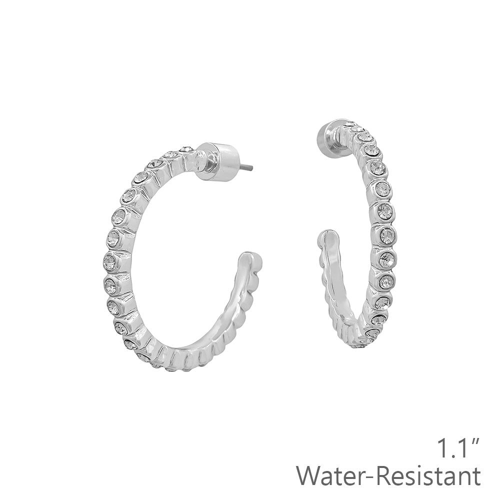Water Resistant Clear Circle Stone 1" Silver Hoop Earring