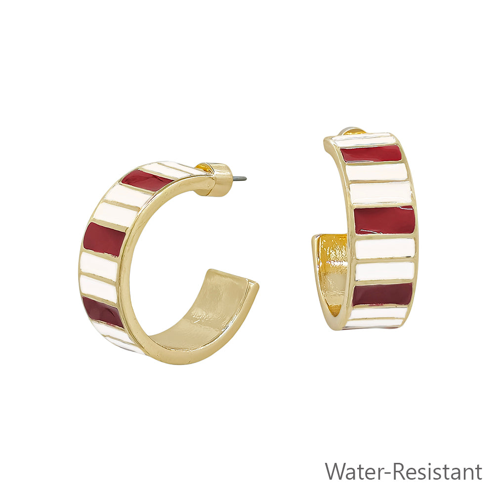 Maroon and White Emanel Striped 1" 10MM Wide Hoop Earring