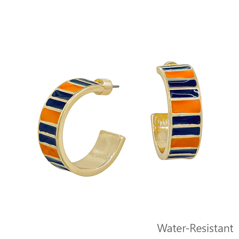 Navy and Orange Emanel Striped 1" 10MM Wide Hoop Earring