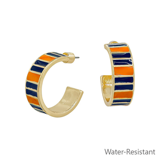 Navy and Orange Emanel Striped 1" 10MM Wide Hoop Earring