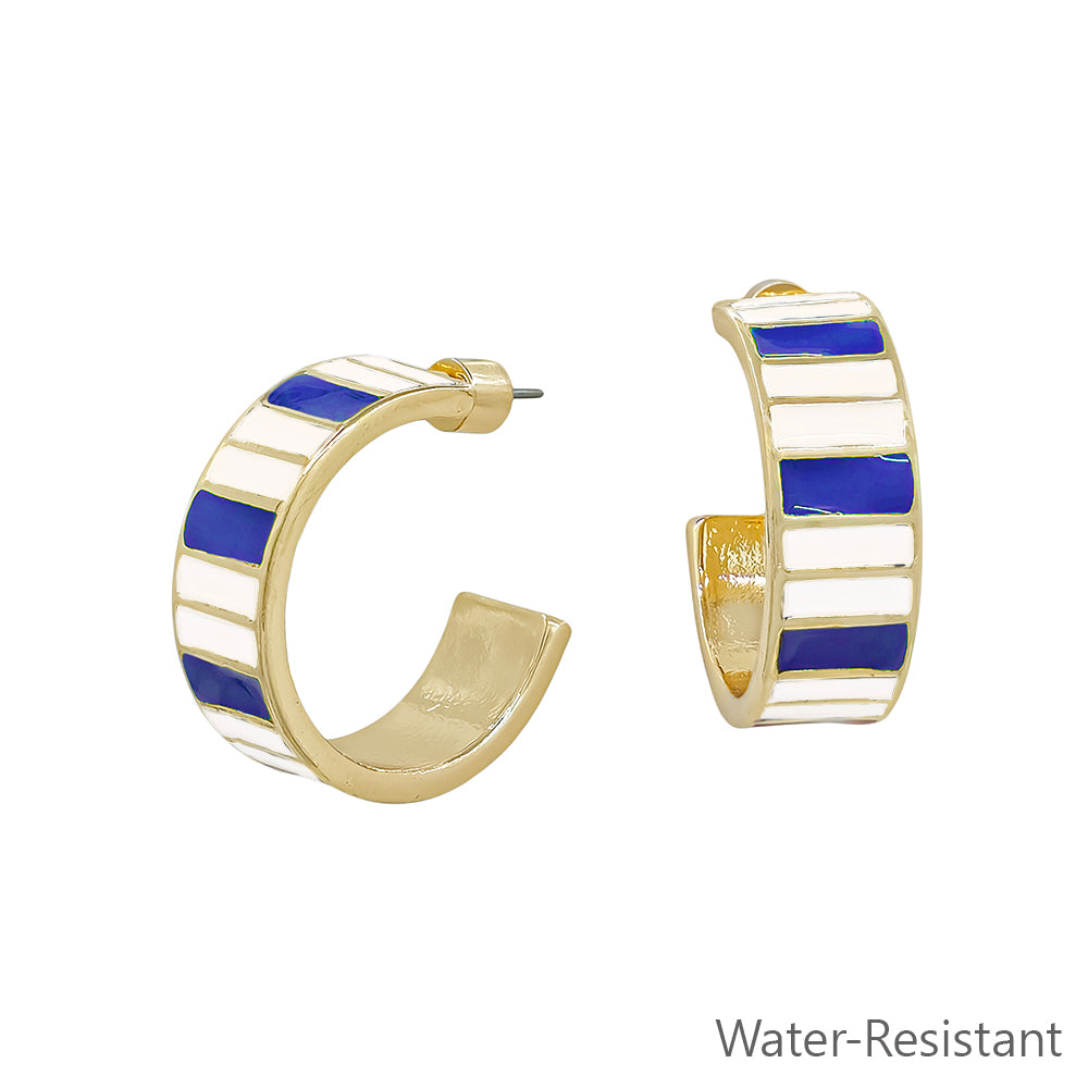 Blue and White Emanel Striped 1" 10MM Wide Hoop Earring