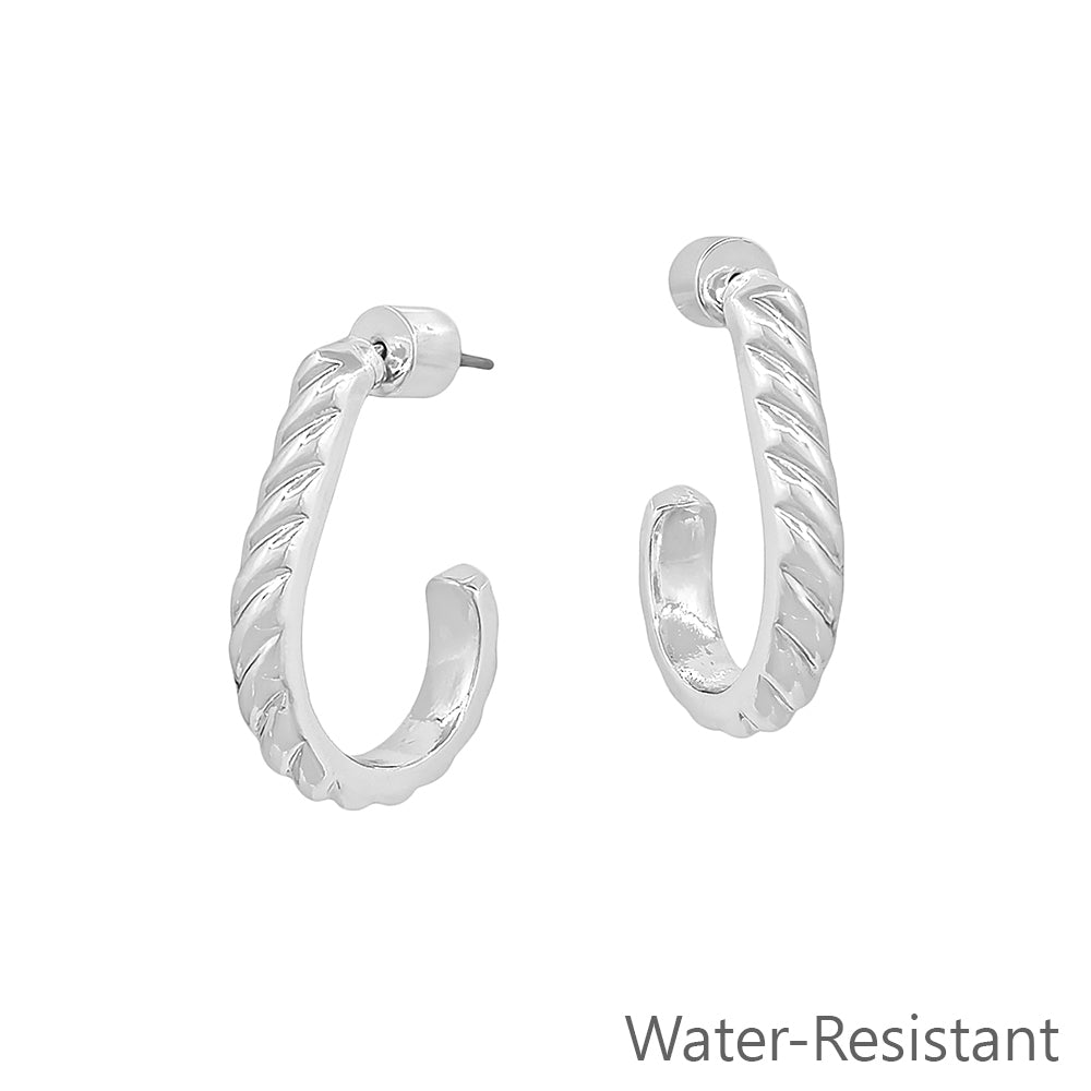 Water Resistant Silver Wave Textured 1" Teardrop Earring