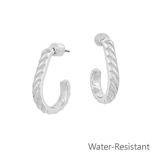 Water Resistant Silver Wave Textured 1" Teardrop Earring