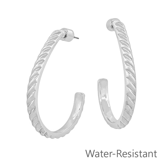 Water Resistant Silver Wave Textured 2" Teardrop Earring