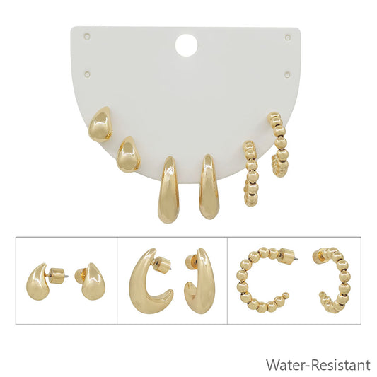 Water Resistant Gold Teardrop and Huggie Set of 3 .5" Hoop Earring