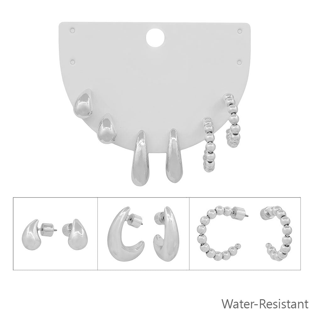Water Resistant Silver Teardrop and Huggie Set of 3 .5" Hoop Earring