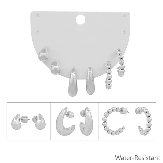 Water Resistant Silver Teardrop and Huggie Set of 3 .5" Hoop Earring