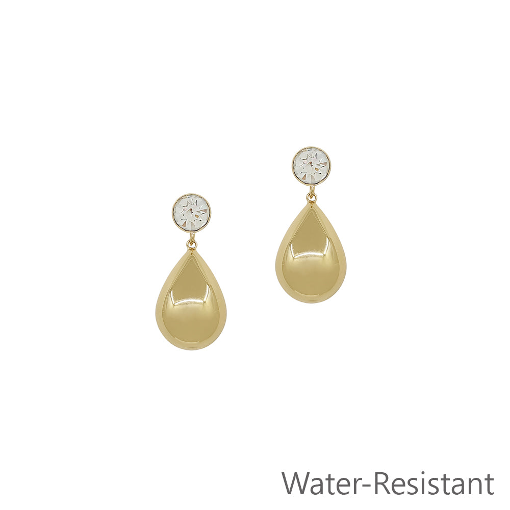 Water Resistant 1" Gold Teardrop with Crystal Stud Earring