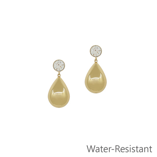 Water Resistant 1" Gold Teardrop with Crystal Stud Earring
