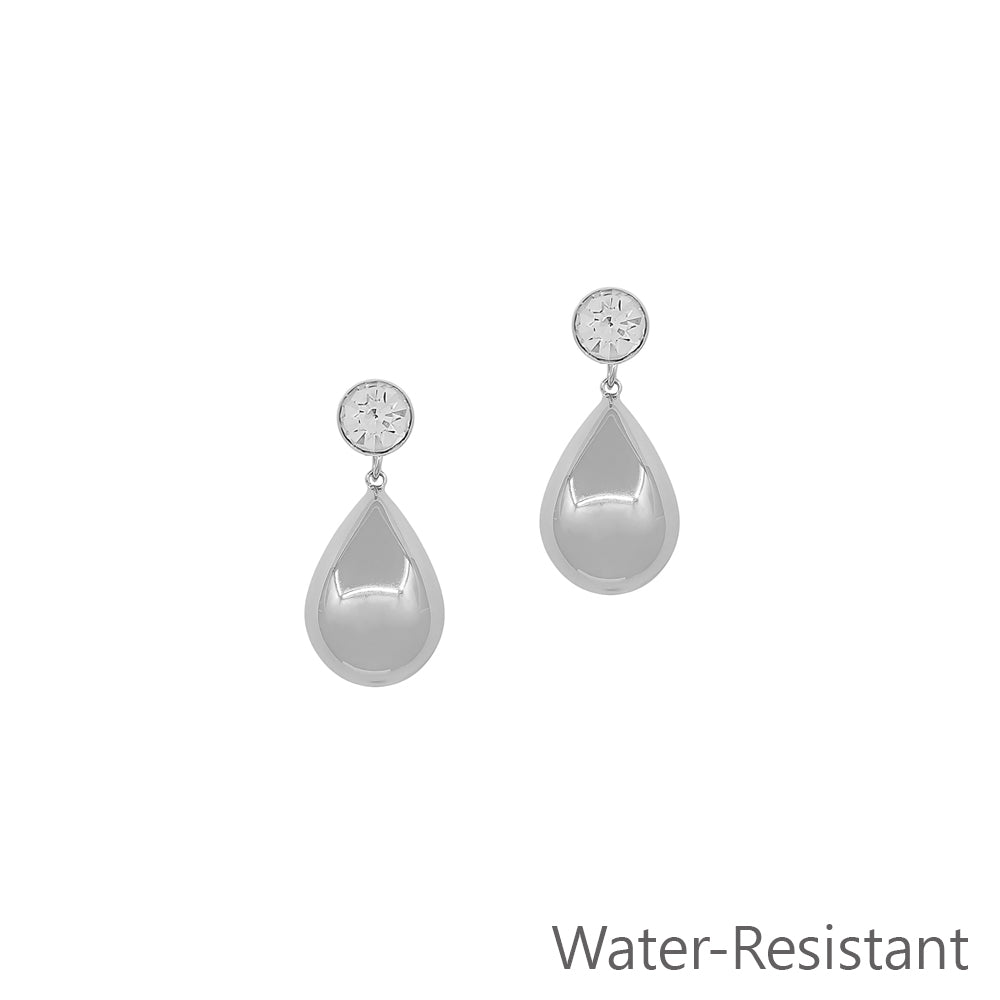 Water Resistant 1" Silver Teardrop with Crystal Stud Earring