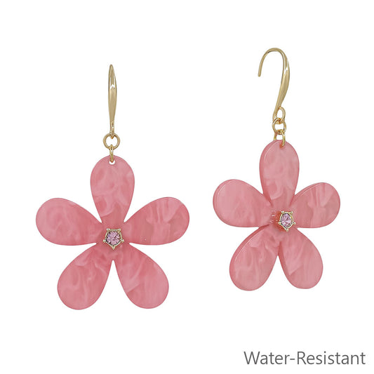 Water Resistant Pink Resin Flower 1.5" Earring