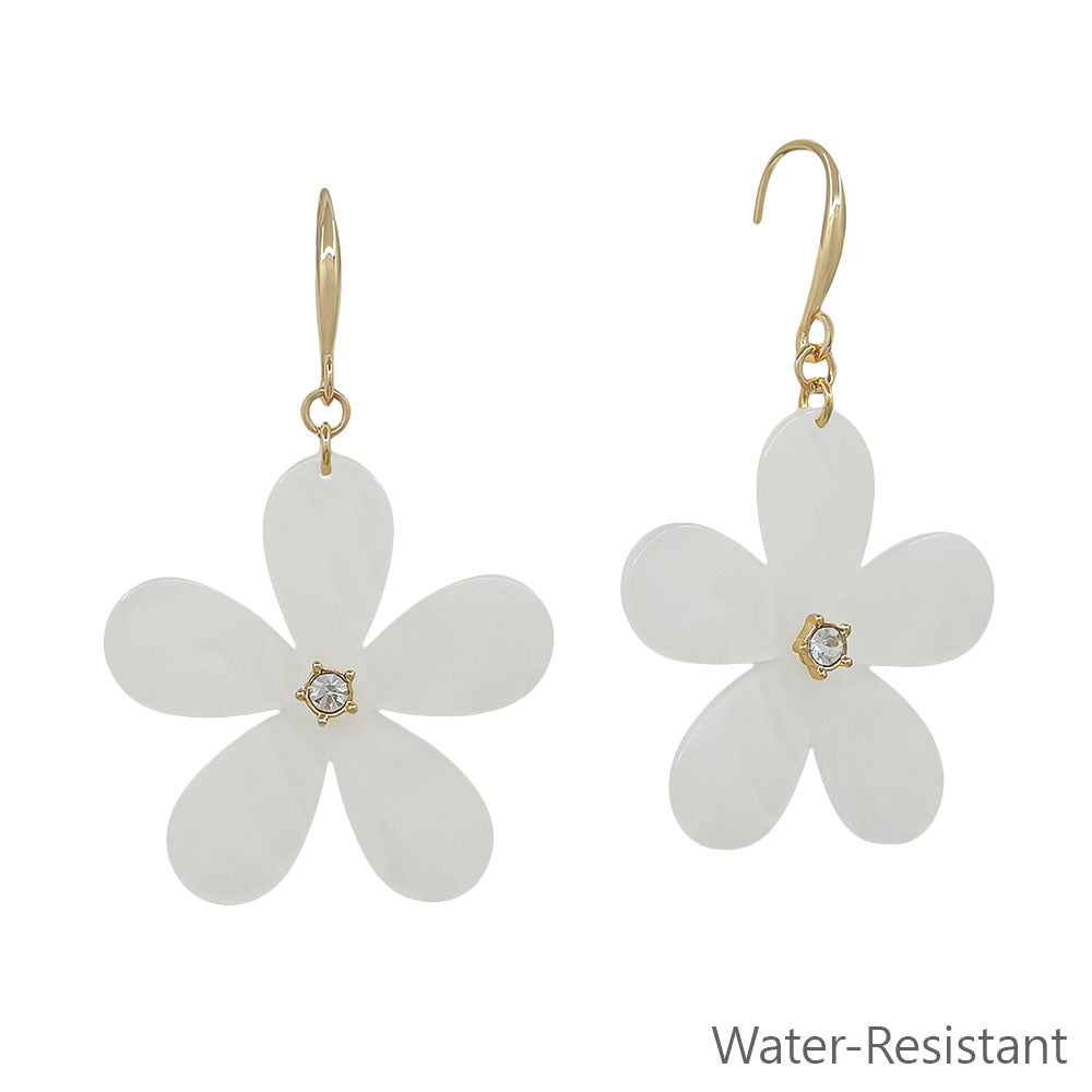 Water Resistant White Resin Flower 1.5" Earring