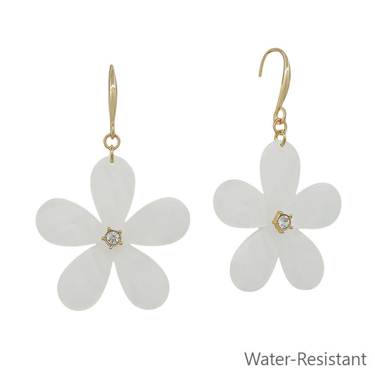 Water Resistant White Resin Flower 1.5" Earring