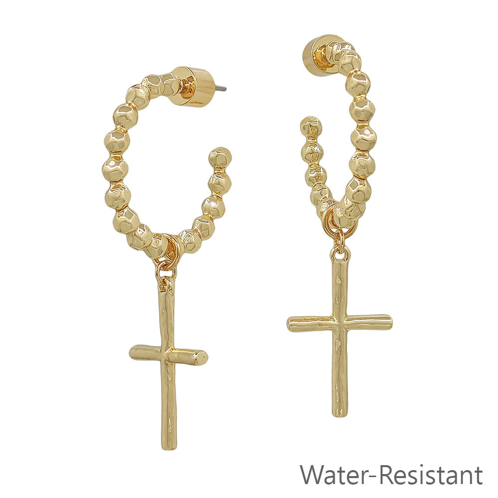 Water Resistant Gold Metal Ball Hoop Cross Charm 1" Earring