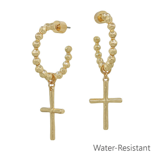 Water Resistant Gold Metal Ball Hoop Cross Charm 1" Earring