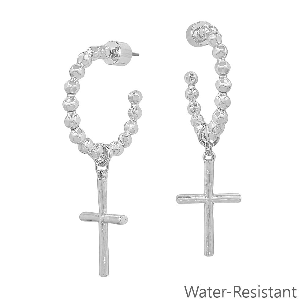 Water Resistant Silver Metal Ball Hoop Cross Charm 1" Earring