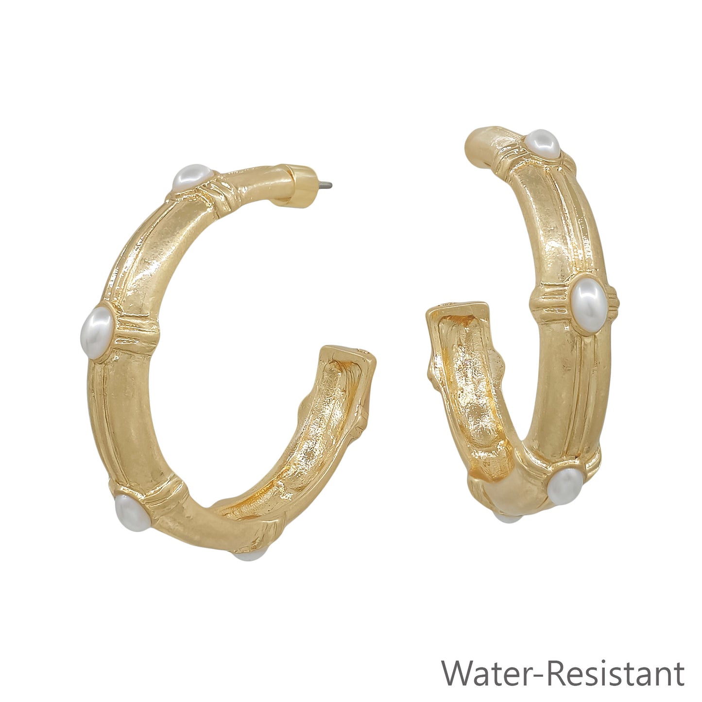 Water Resistant Hammered Hoop with Pearl 2" Earring