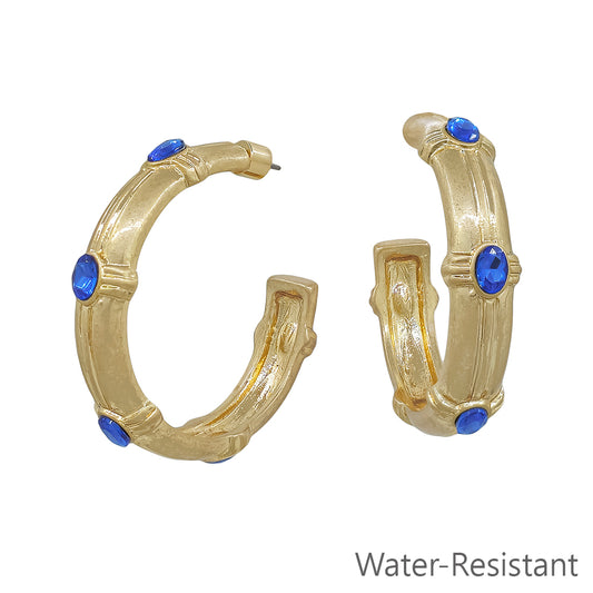 Water Resistant Hammered Hoop with Blue Crystal 2" Earring
