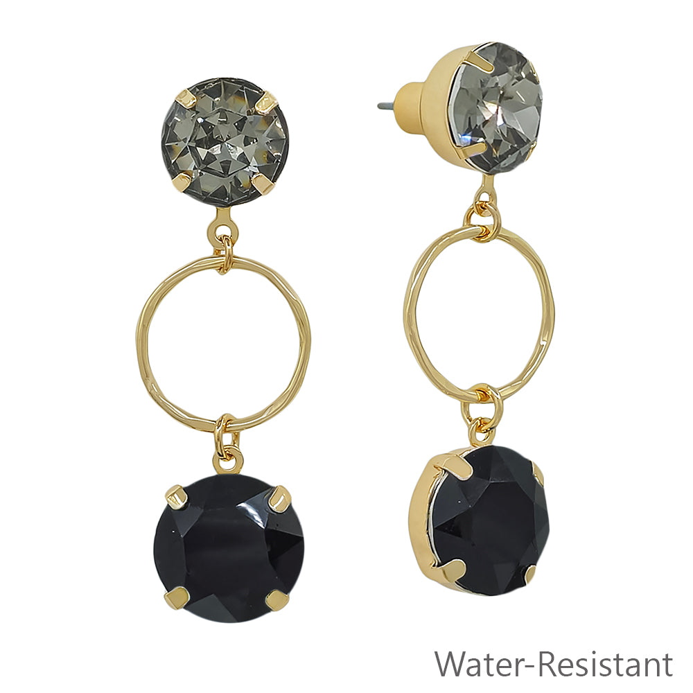 Water Resistant Black Crystal with Gold Open Circle 2" Earring