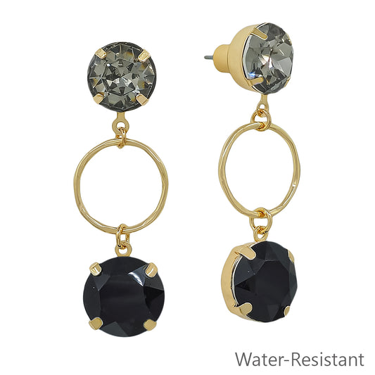 Water Resistant Black Crystal with Gold Open Circle 2" Earring