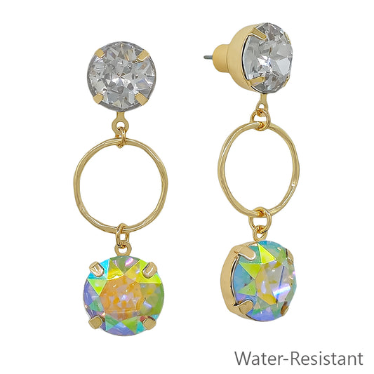 Water Resistant Clear Crystal with Gold Open Circle 2" Earring