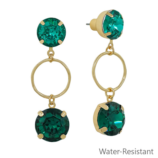 Water Resistant Emerald Green Crystal with Gold Open Circle 2" Earring