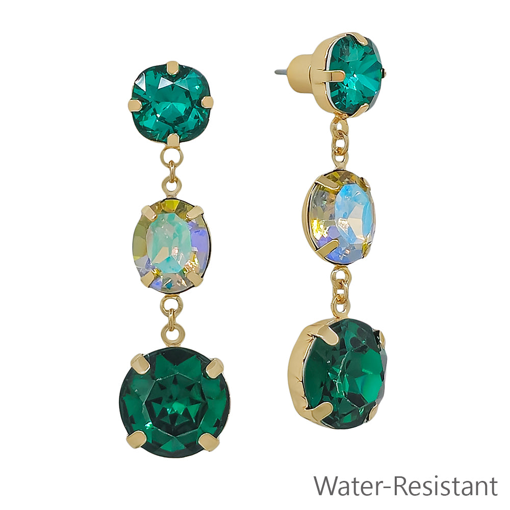 Water Resistant Green Crystal Triple Drop 2" Earring