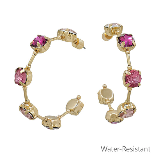 Water Resistant Gold Bar with Pink Crystal 2" Earring