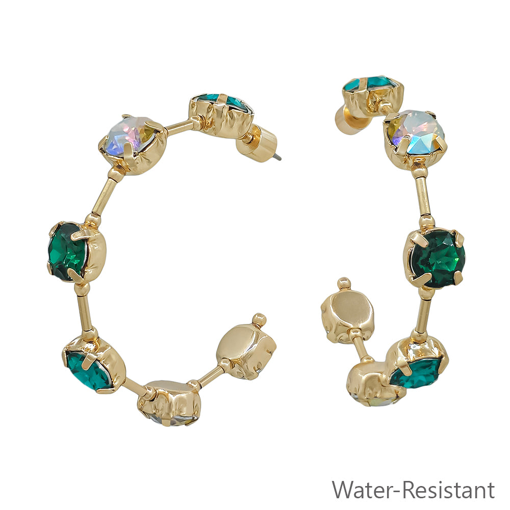 Water Resistant Gold Bar with Green Crystal 2" Earring