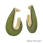 Water Resistant Olive Green Acrylic and Gold Teardrop 2" Earring
