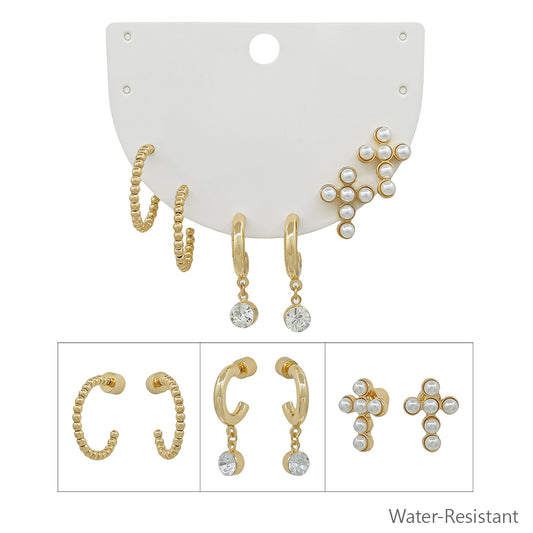 Water Resistant Set of 3 Gold Huggie Hoop, Crystal, and Beaded Cross Stud