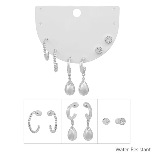 Water Resistant Set of 3 Silver Huggie Hoop, Crystal Stud, and Teardrop Hoop Earring